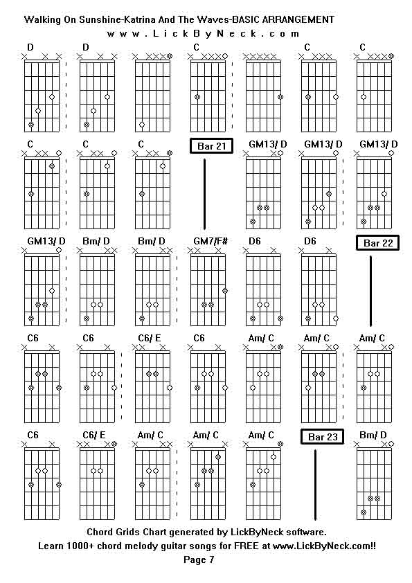 Chord Grids Chart of chord melody fingerstyle guitar song-Walking On Sunshine-Katrina And The Waves-BASIC ARRANGEMENT,generated by LickByNeck software.